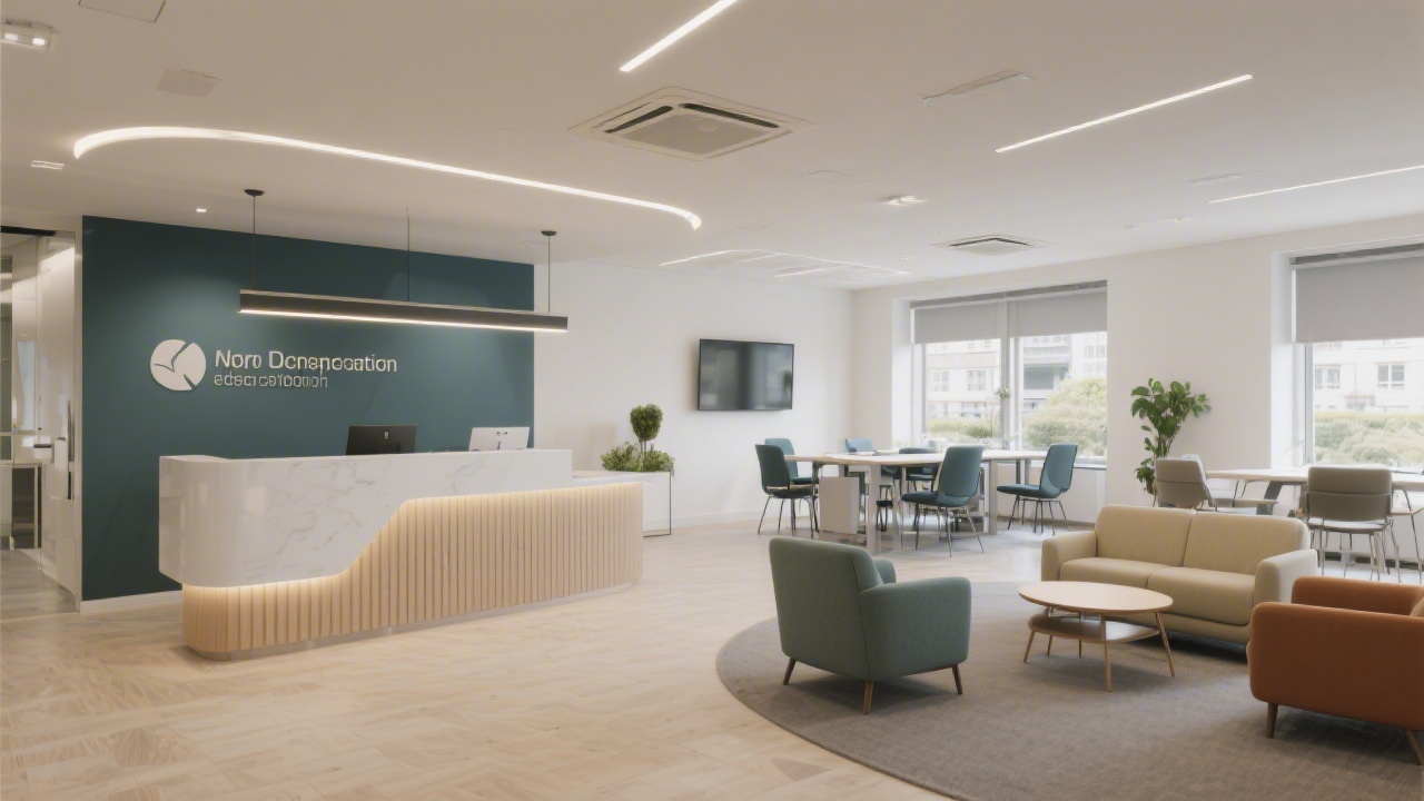 Interior of a modern Dublin office reception area with seating, soft lighting, and a calm professional atmosphere suitable for education meetings.