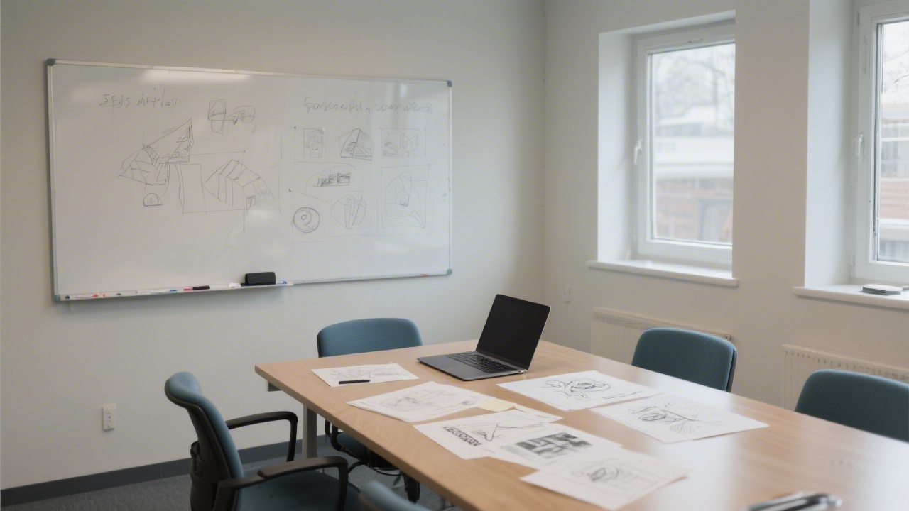 Quiet meeting room with a whiteboard, laptop, and design sketches on the table, representing a place for student consultations and guidance.