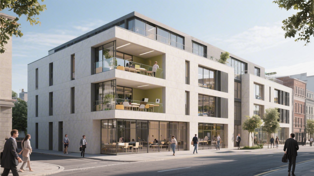 Street-level view of a modern Dublin office building with a calm exterior, designed learning space on upper floors, and pedestrians walking nearby.