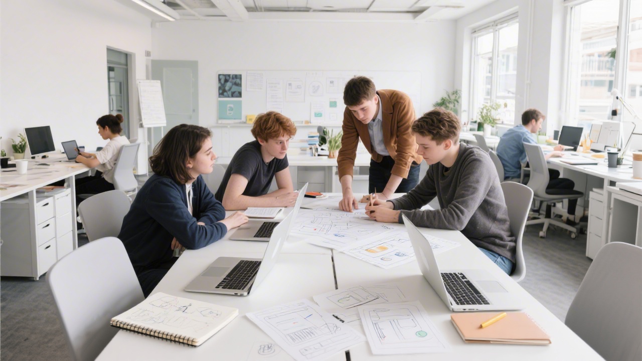 Bright Dublin design studio with laptops, sketchbooks, and students collaborating on interface layouts, showcasing a clean workspace and modern learning environment.