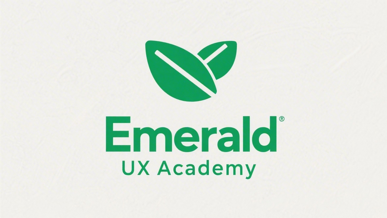 Simple emerald green logotype reading Emerald UX Academy in clean sans-serif lettering with a minimal geometric leaf mark, designed for clarity and easy recognition.