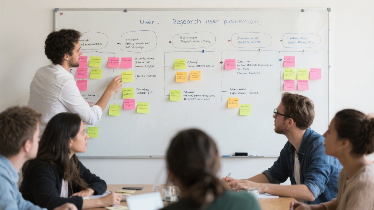 Research planning session with sticky notes and a whiteboard filled with user goals, representing a structured approach to user research and synthesis.