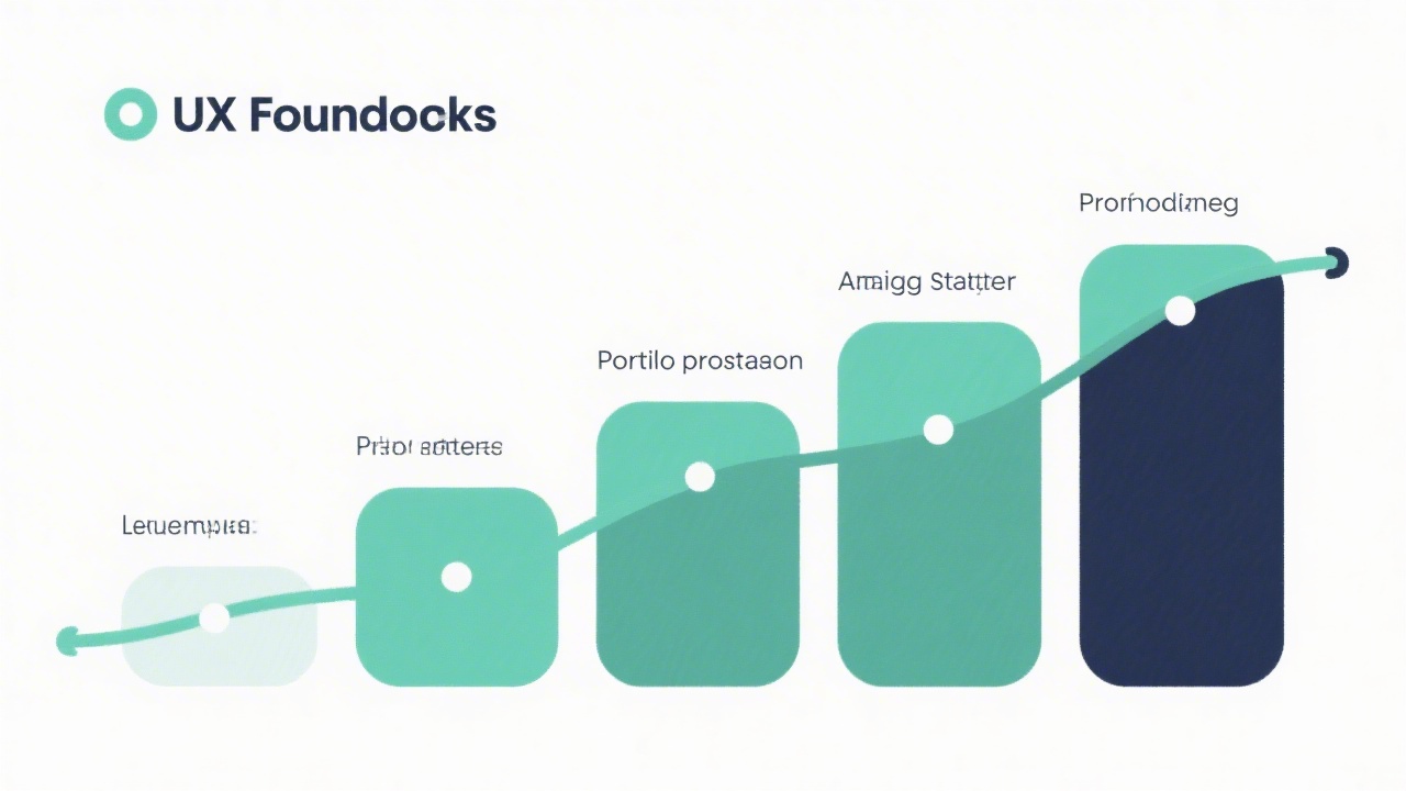 Clean timeline graphic showing five learning stages from UX foundations to portfolio preparation, using emerald and navy colors on a white background.