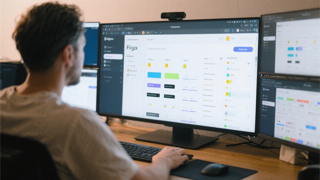 Designer working in Figma with a structured component library and multiple screens on a large monitor, demonstrating professional interface system workflows.