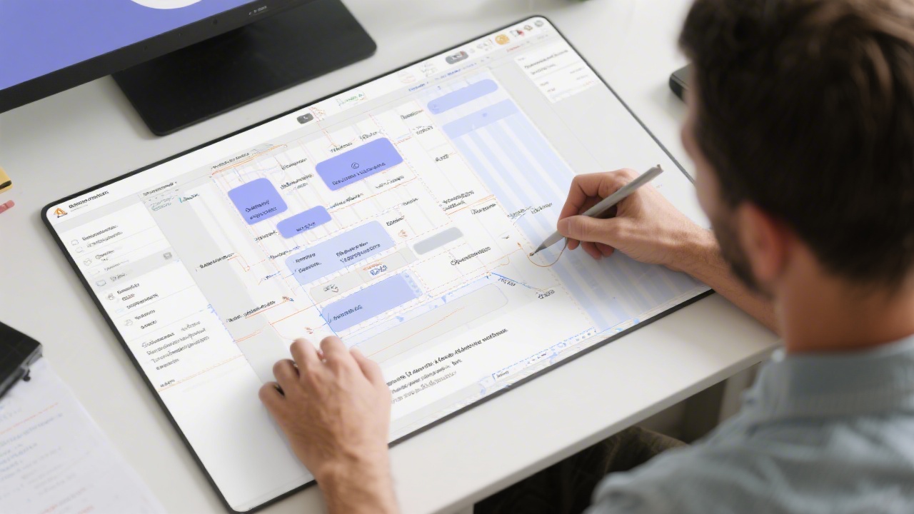 Designer preparing product-ready interface specifications with annotated components, spacing guides, and accessibility notes for development handoff.