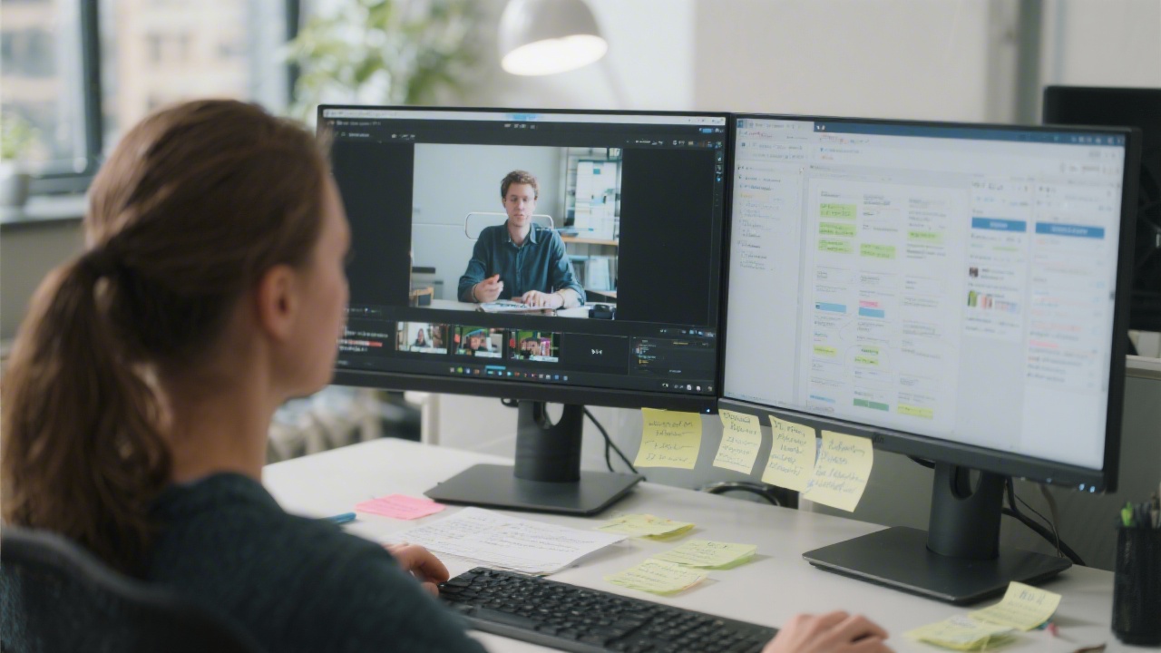 Facilitator observing a user during a remote usability test while notes and screen recordings appear on a second monitor, representing structured research workflows.