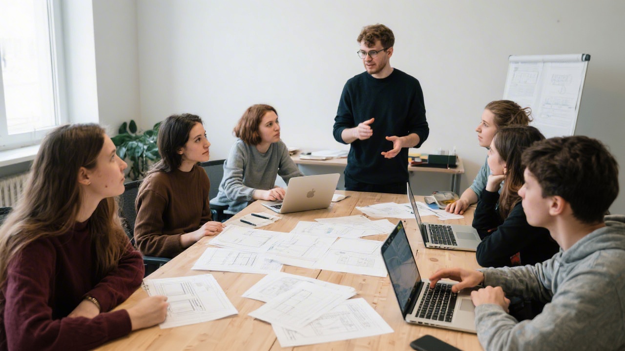 Small workshop session with students gathered around a table, reviewing wireframes on paper and laptops while an instructor guides the discussion.