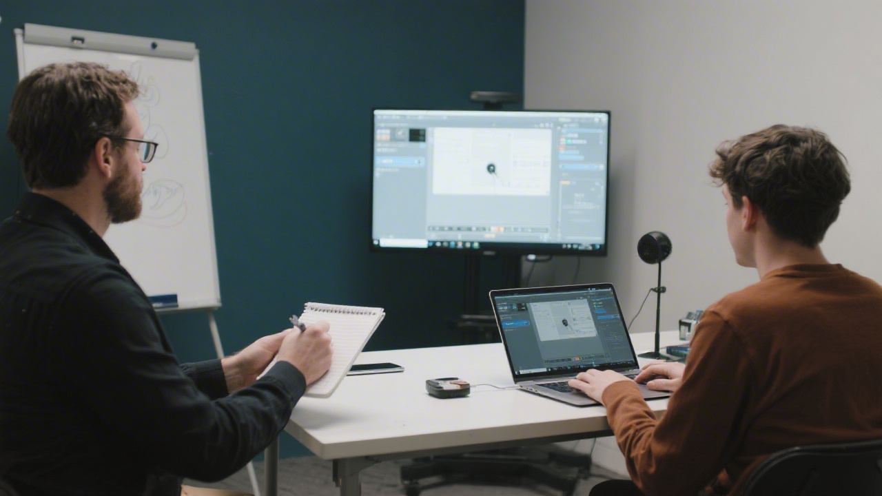 Usability testing setup with a participant using a laptop, a facilitator taking notes, and a screen recording interface visible, representing real-world research practice.